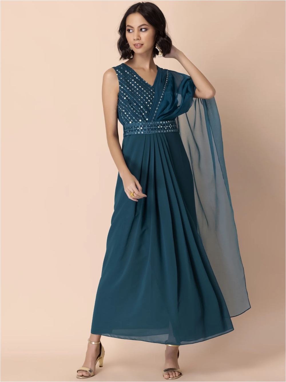 Teal Pre-Stitched Saree With Attached Blouse And Belt